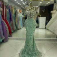 Vestidos de Noche exquisitos personalizados, precioso vestido de cola de pez con espalda descubierta y un hombro, vestido largo con cuentas, vestidos de fiesta formales