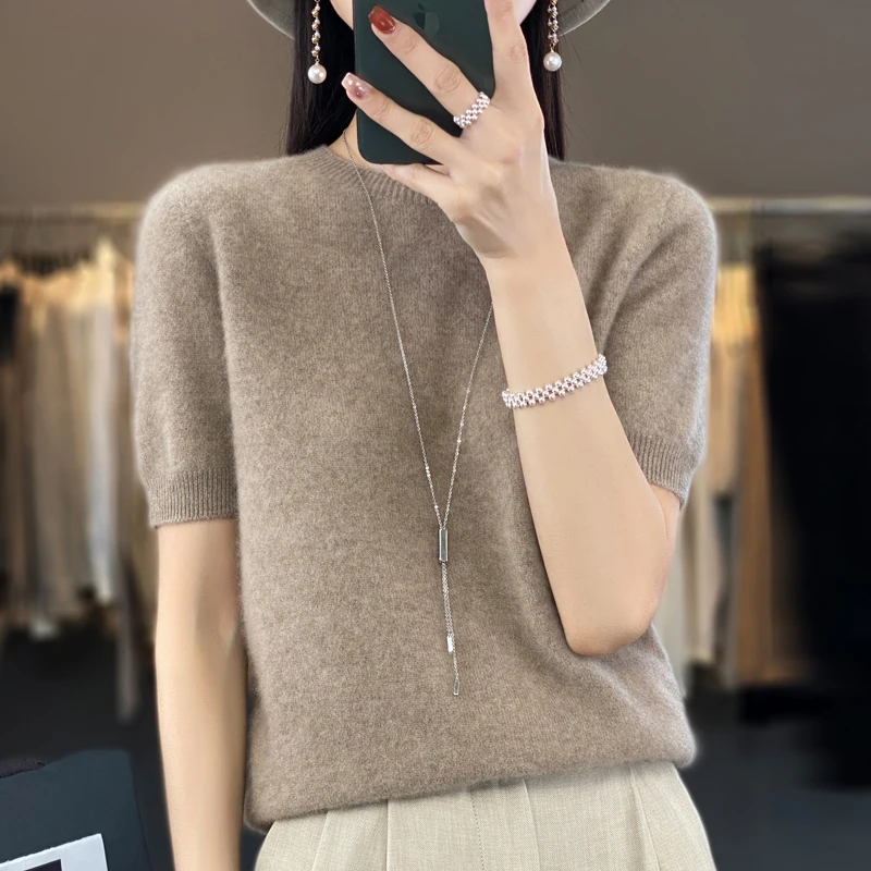 Spring and summer 100% pure wool short sleeve female O-neck solid color knitted T-shirt loose wool bottoming shirt