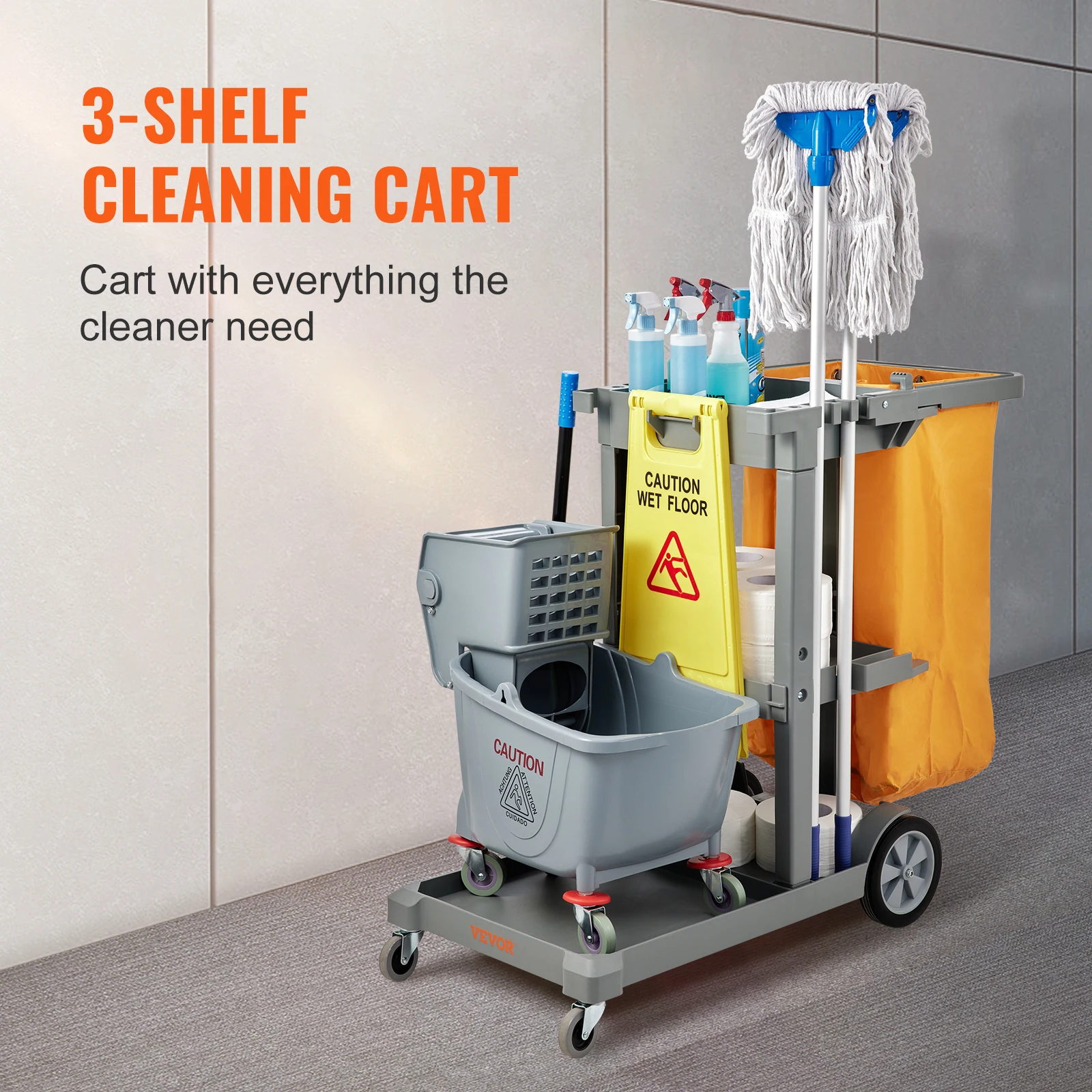 VEVOR Cleaning Cart 3-Shelf Commercial Janitorial Cart 200lbs Capacity with 25 Gallon PVC Bag for Office Hotel Airport Apartment