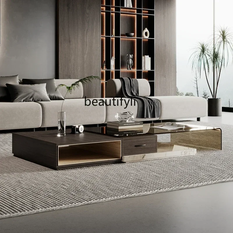 

1184Natural Marble Coffee Table Glass Solid Wood Combination Italian Minimalist Light Luxury Retractable