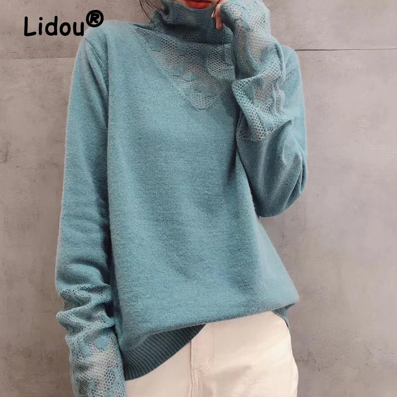 Korean Elegant High Collar Hollow Basic Knitted Sweater for Women Fashion Solid Loose Long Sleeve Pullovers Tops Jumper Clothing