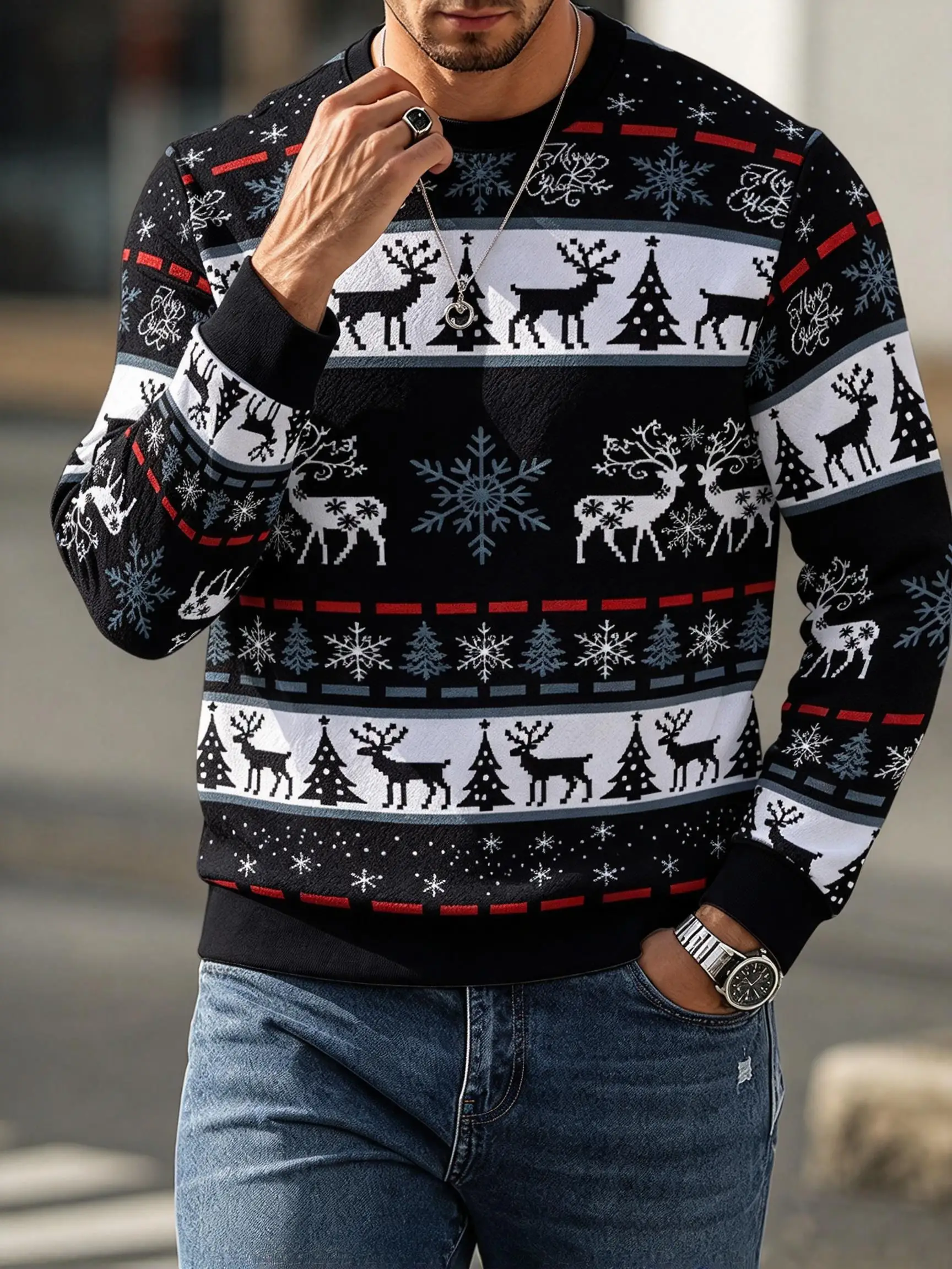 Mens Ugly Christmas Sweatshirt, Funny Penguin Slogan Snow Tree Knit Style Full Print Long Sleeve Top
