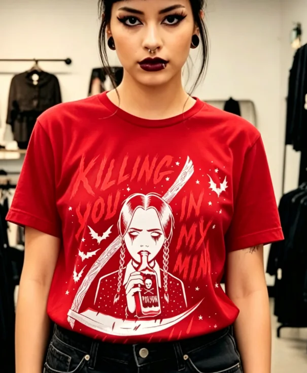 2026 Round-neck retro gothic-style girl pattern axe sharp-edged batwing pattern Men's women's universal short-sleeved T-shirt.
