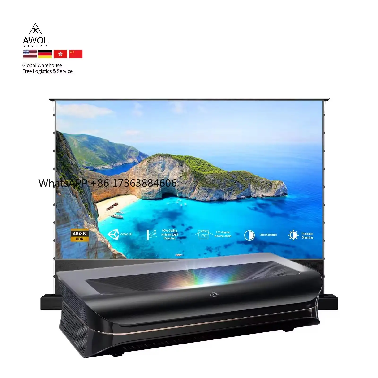 LTV-3500 Pro 4K Triple Ultra Short Throw Projector W Motorized Tension Floor Rising UST ALR Perforated Screen