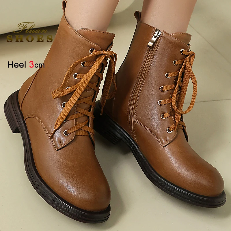 

Spring Autumn Brown Women's Ankle Boots Round Toe Chunky Block Low Heels 3cm Lace Up Side Zipper Ladies Short Boots Size 35-46