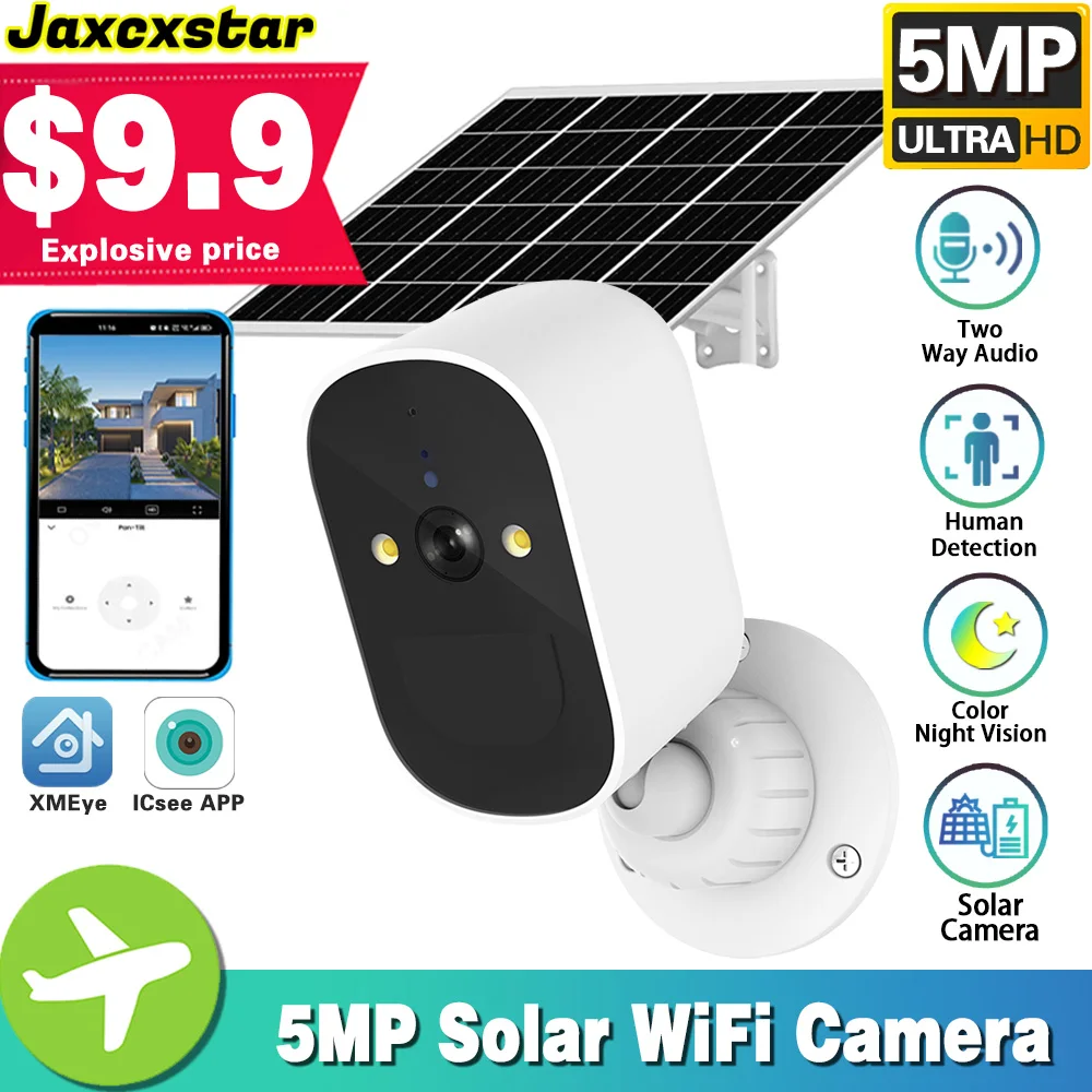 

5MP ICsee WiFi Camera Solar Outdoor Wireless Battery Powered Bullet Security Camera PIR Motion Alarm Cloud Storage Two Way Audio