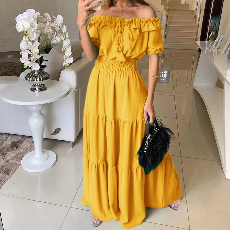 2026 Elegant Women's Off Shoulder Ruffle Sleeve Dress Fashion Solid Color Elastic Waist Tiered Maxi Dresses