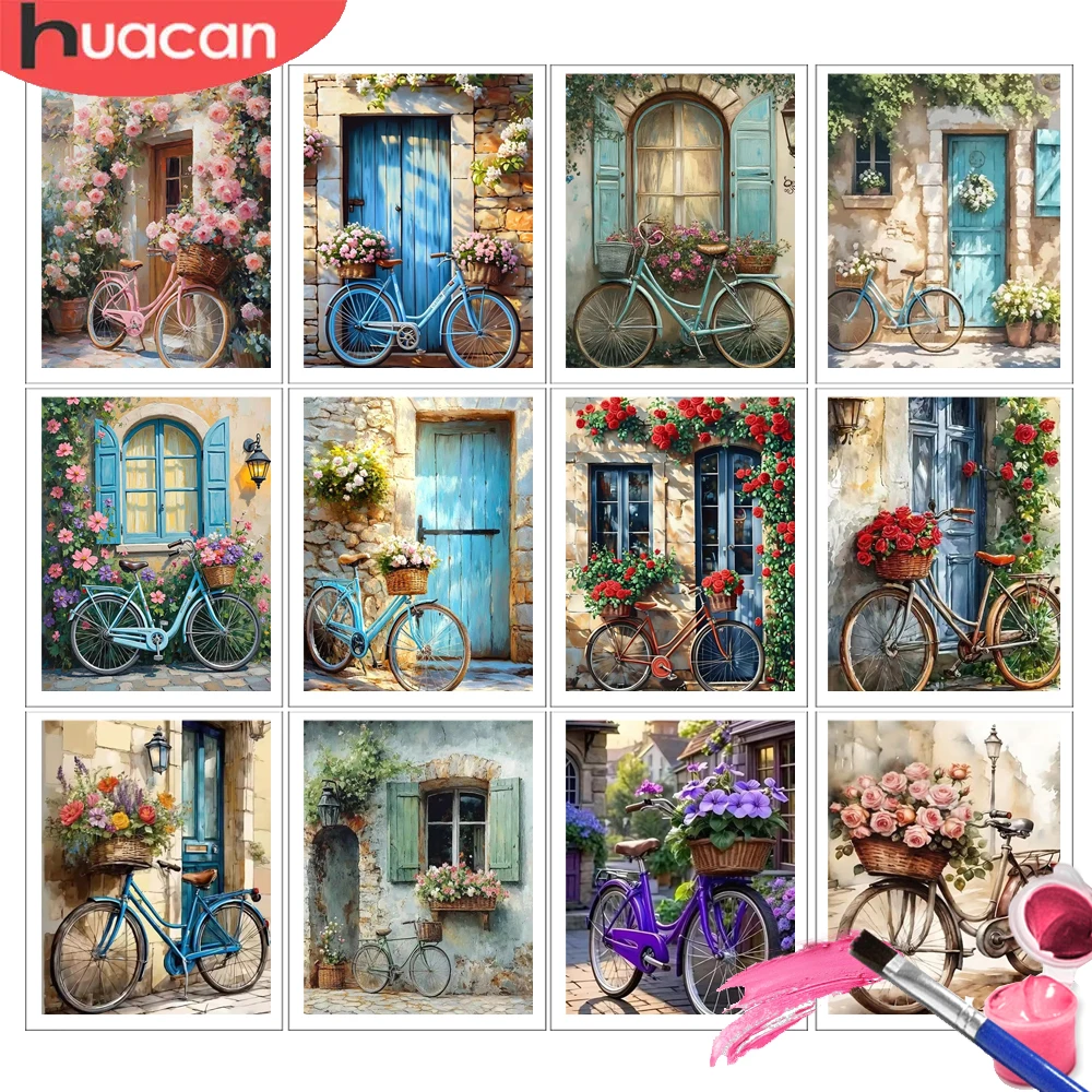 

Набор для рисования по номерам HUACAN: Картина маслом на холсте, DIY-раскраска, велосипед, розы, цветы.