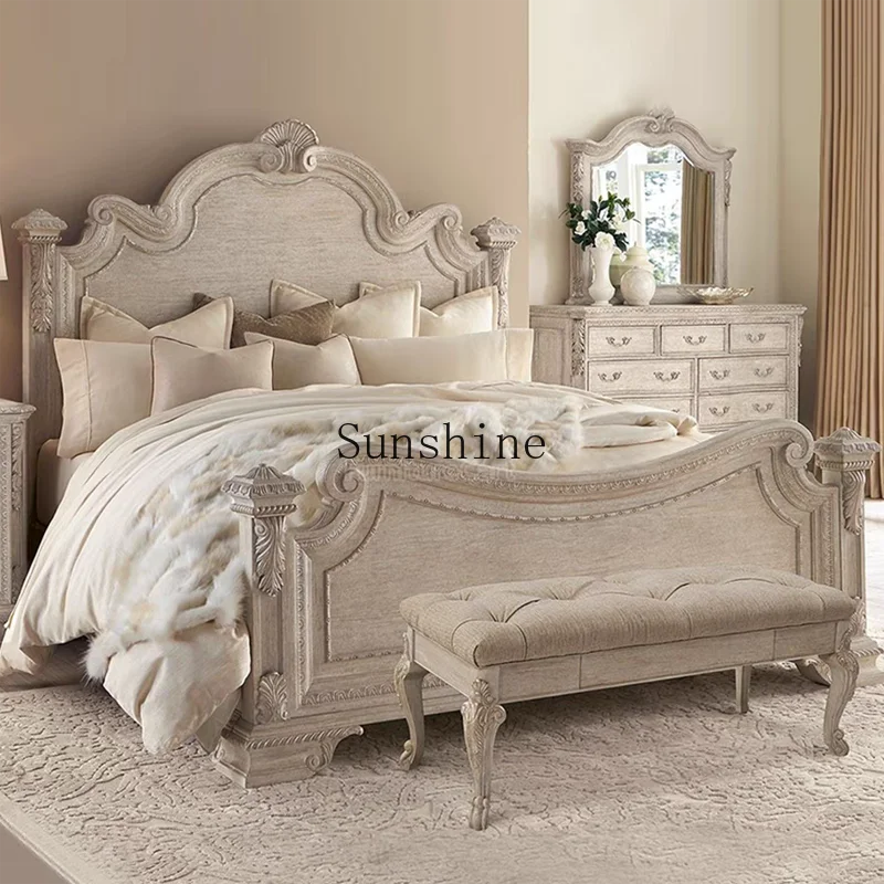 

American carved solid wood light luxury master bedroom double bed antique white old villa wedding bed