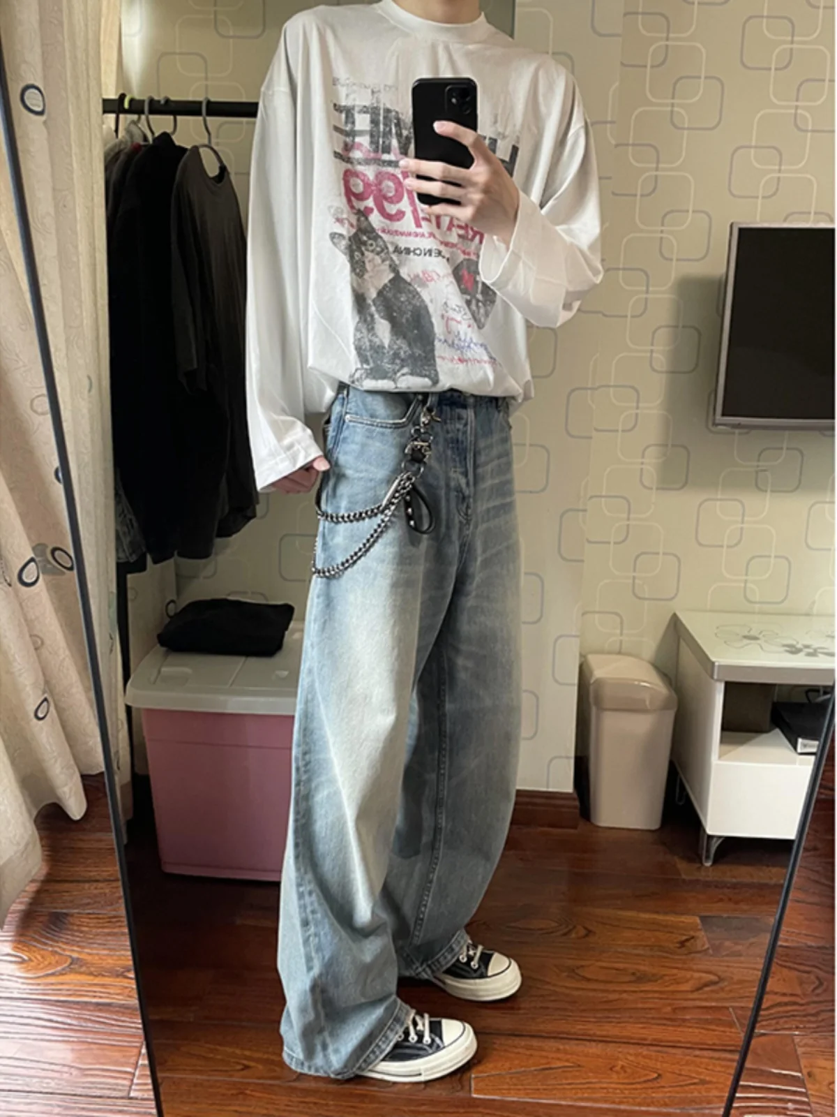 

Light Blue Men's Bell Bot Jeans Straight Leg Wide Leg Casual Faion High Street Sle Wear Resistant Youth ular Jeans