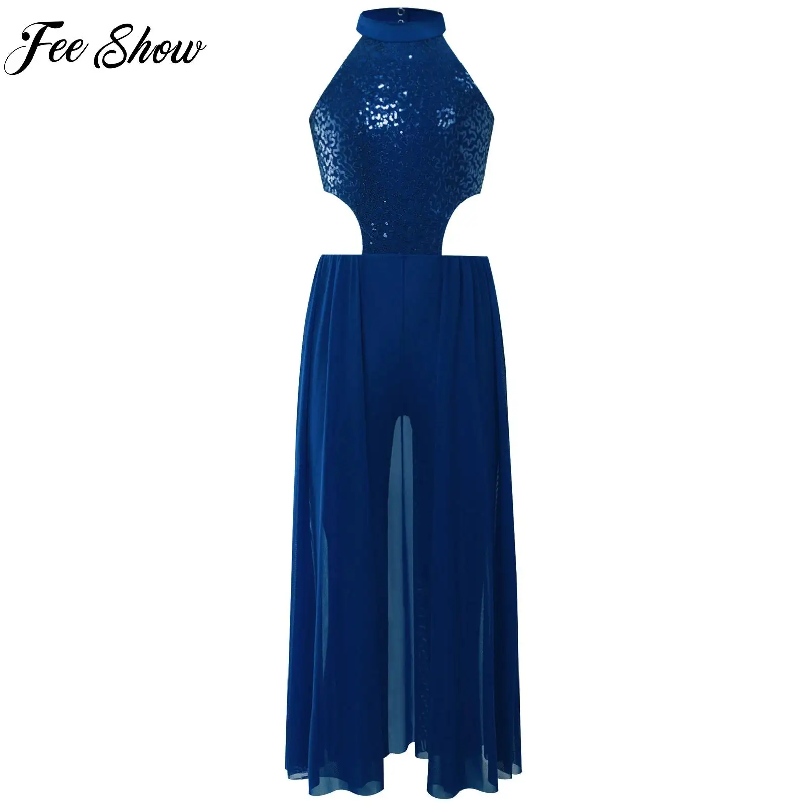 

Girls Sparkly Sequins Contemporary Dress Halter Sleeveless Backless Skirted Jumpsuit Latin Lyrical Dance Performance Dancewear
