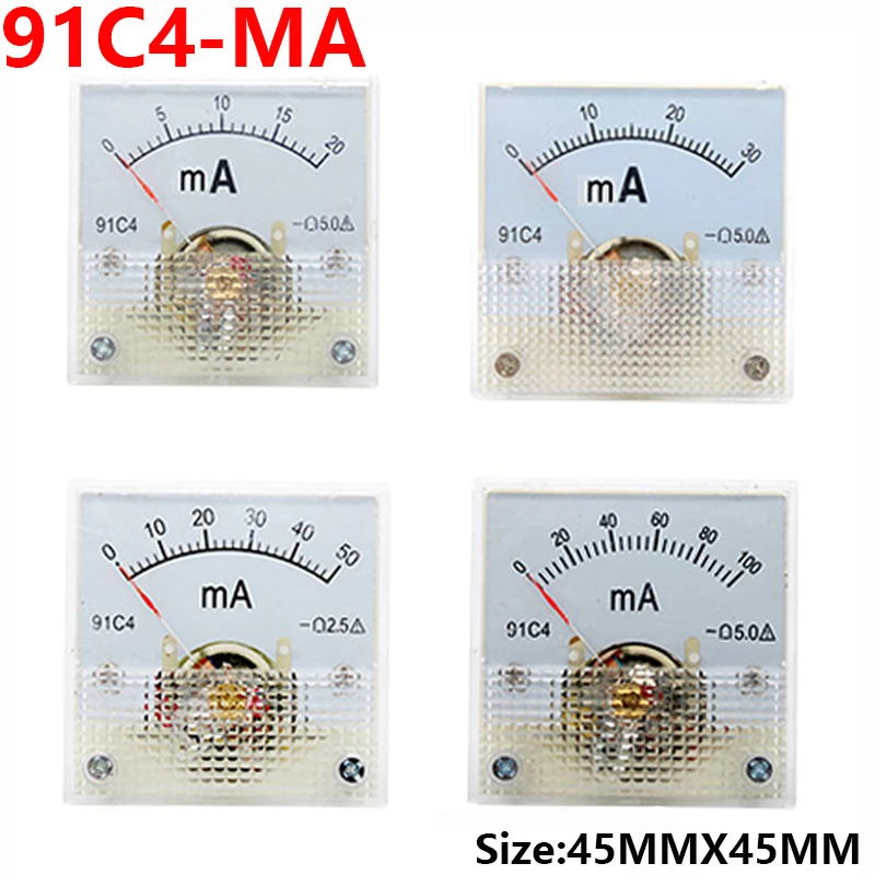 91C4- mA DC Miliamperomierz ze wskaźnikiem 1mA 5mA 10mA 50mA 100mA 200mA 300mA 500mA Mechanika analogowa Amperomierz stołowy