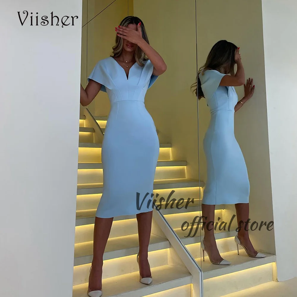 

Viisher Blue Satin Mermaid Evening Dresses Cap Sleeve V Neck Arabian Dubai Prom Party Dress Tea Length Formal Occasion Gowns