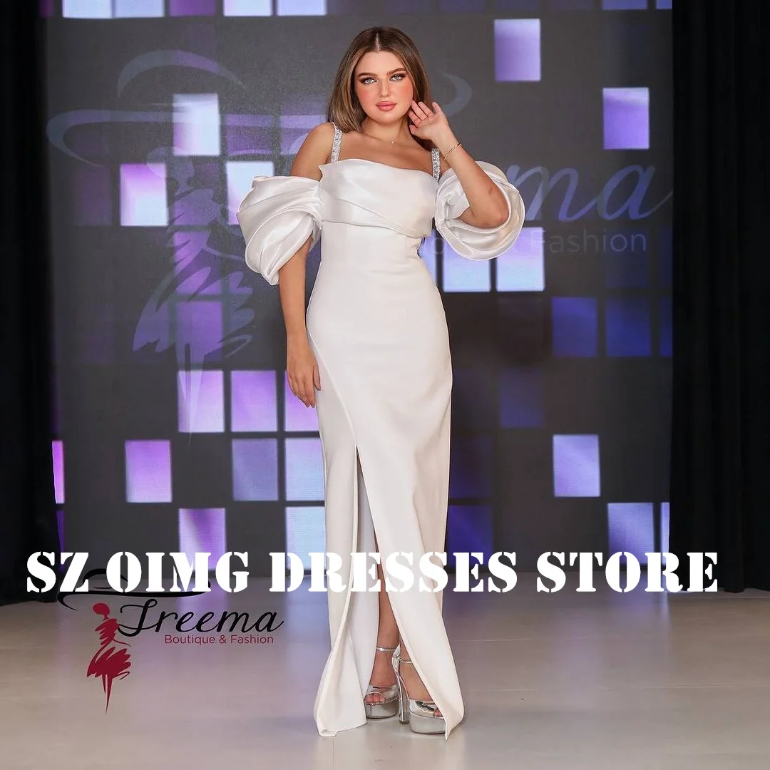 

OIMG New Design Puff Sleeves Mermaid Sequins Prom Dresses Saudi Arabic Women White Pleated Evening Gowns Formal Party Dress