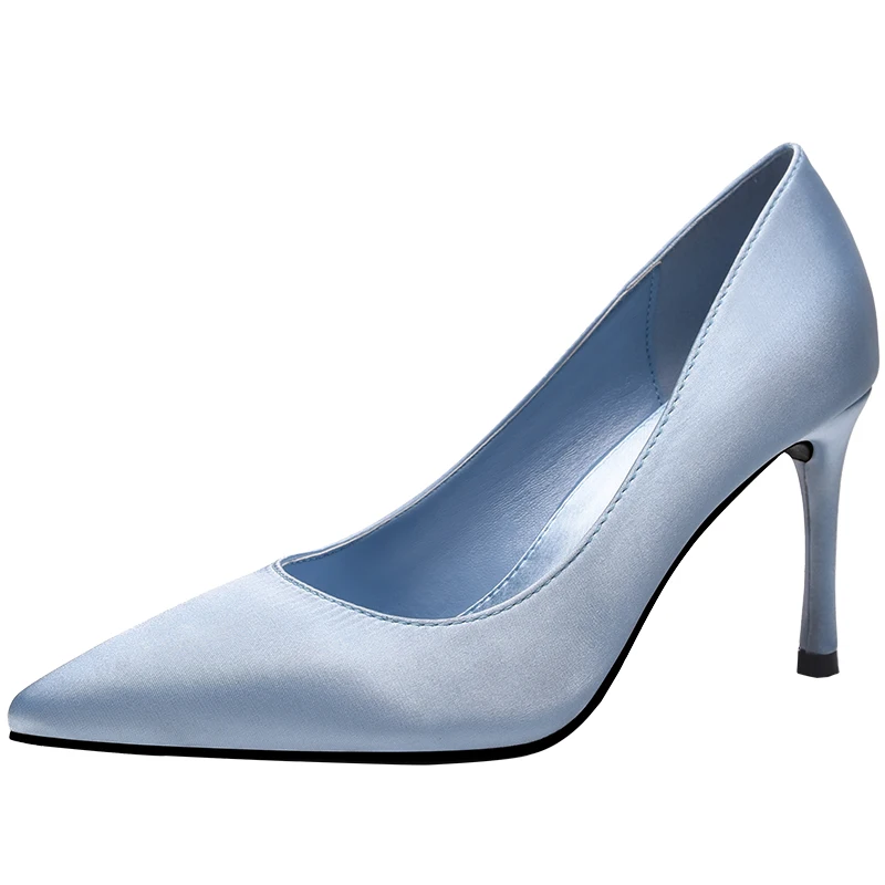 Young Girl Pure Color High Heels Women Spring Autumn Sky Blue Satin 8cm Pumps Pointed Toe Slip-on Fashion Daily Wear Work Shoes