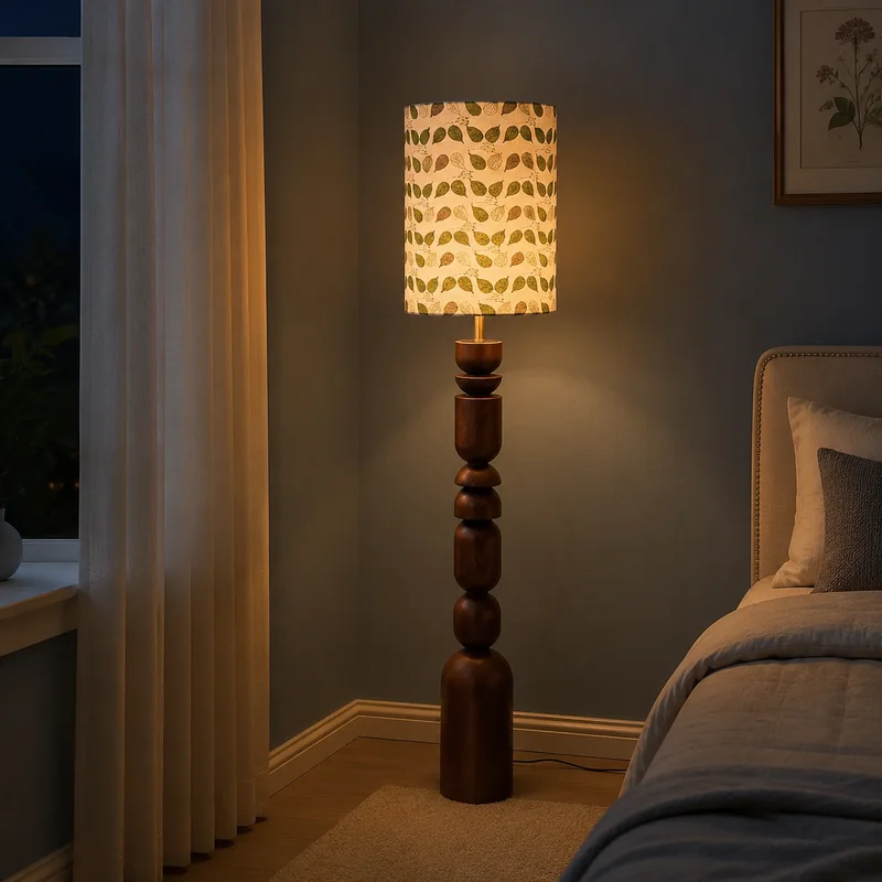 Retro French Wood Sculptural Turned Column Botanical Drum Shade For Home Living Room Bedroom Study Reading Corner Floor Lamp