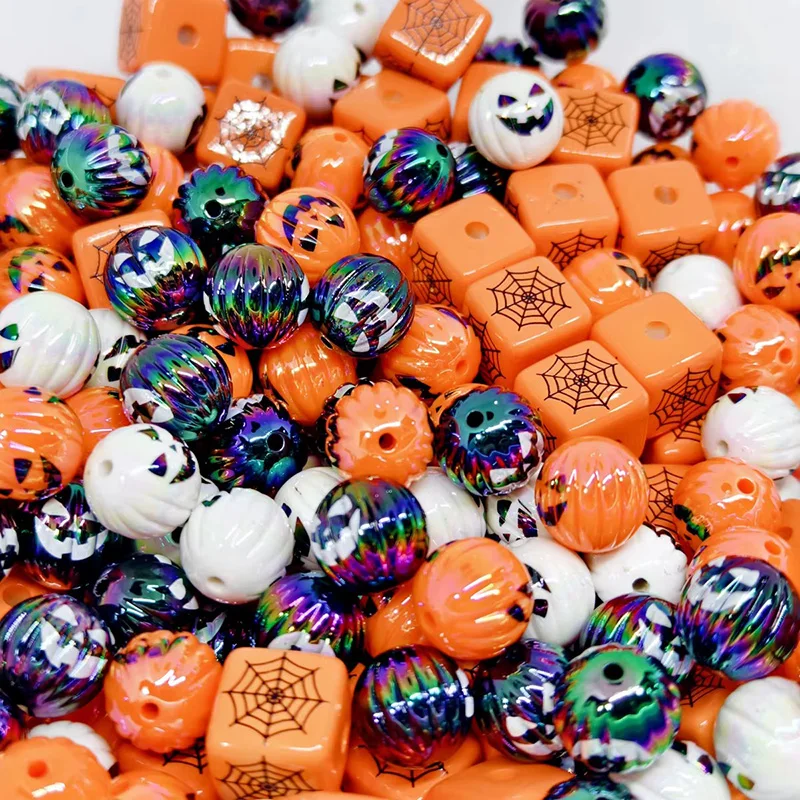 16/32 Stück mehrfarbige Grimasse-Kürbisperlen, runde Acryl-Halloween-Perlen für Urlaub, Party, DIY, Dekoration, Basteldekoration, TMZ