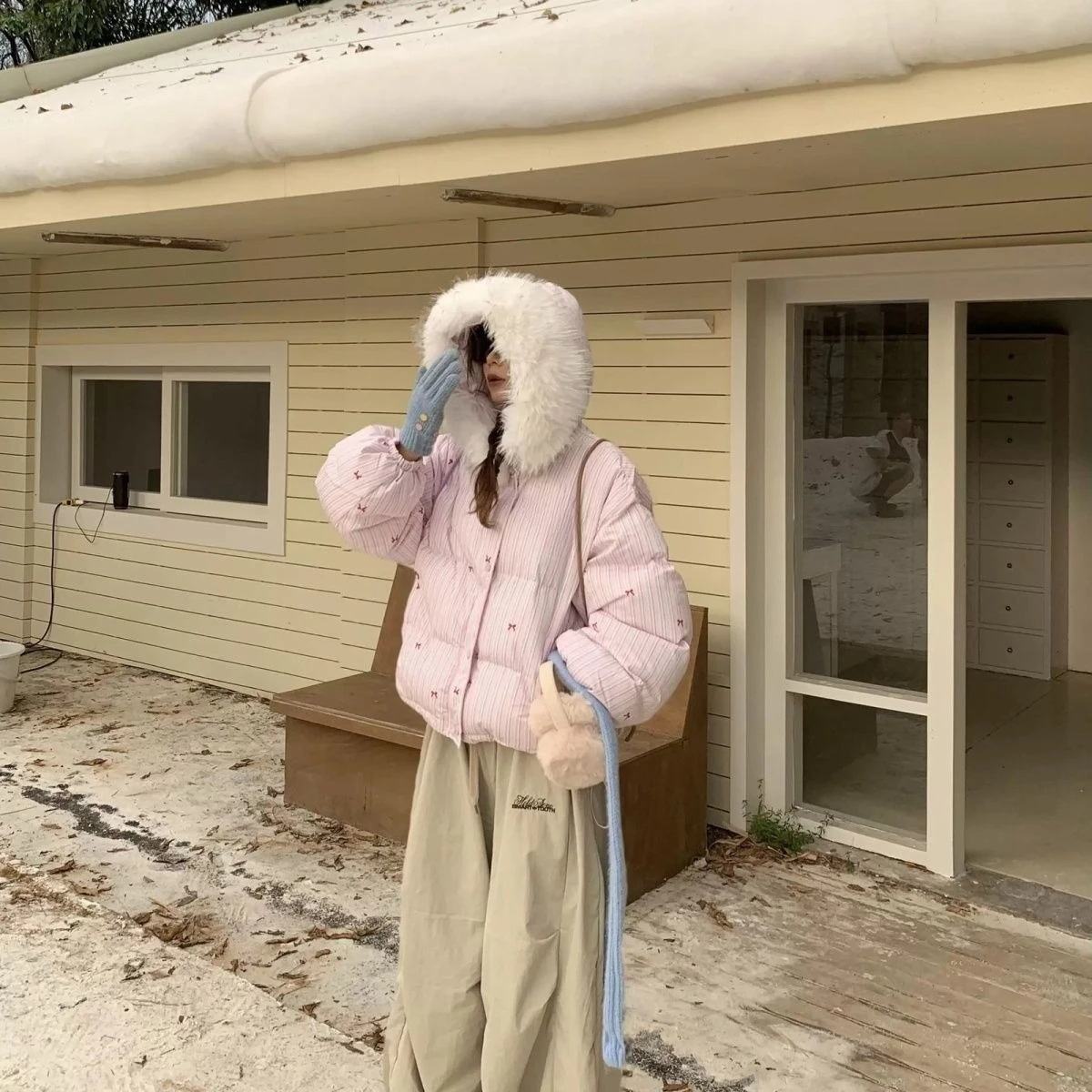 New Fur Collar Korean Striped Cotton Jacket Bow Winter Hooded Cropped Bread Jacket Thickened Warm Cotton Jacket