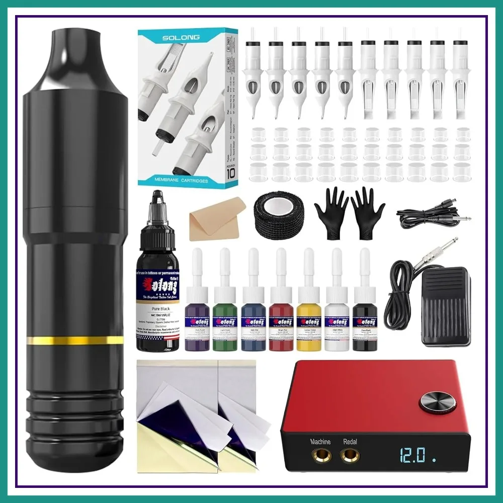 

Complete Rotary Tattoo Machine Kit for Beginners & Artists - 60 Piece Set with Cartridges, Needles & Ink