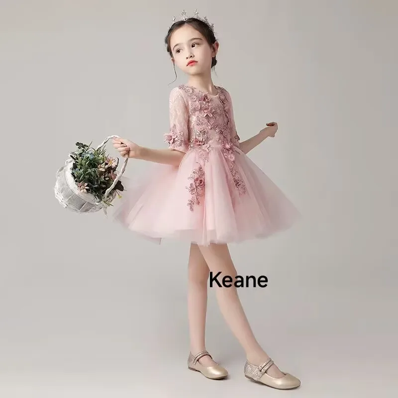 カスタマイズされた聖体拝領用ヌードピンクフラワーガールドレス半袖プリーツチュールボウベルトパーティードレス