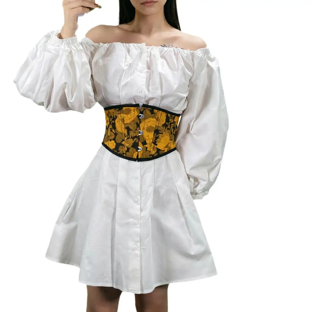 

Women Vintage Lolita Corset Top Sunflower Relief Print Short Lace Up Bustier Latex Waist Trainer Shapewear Plus Size