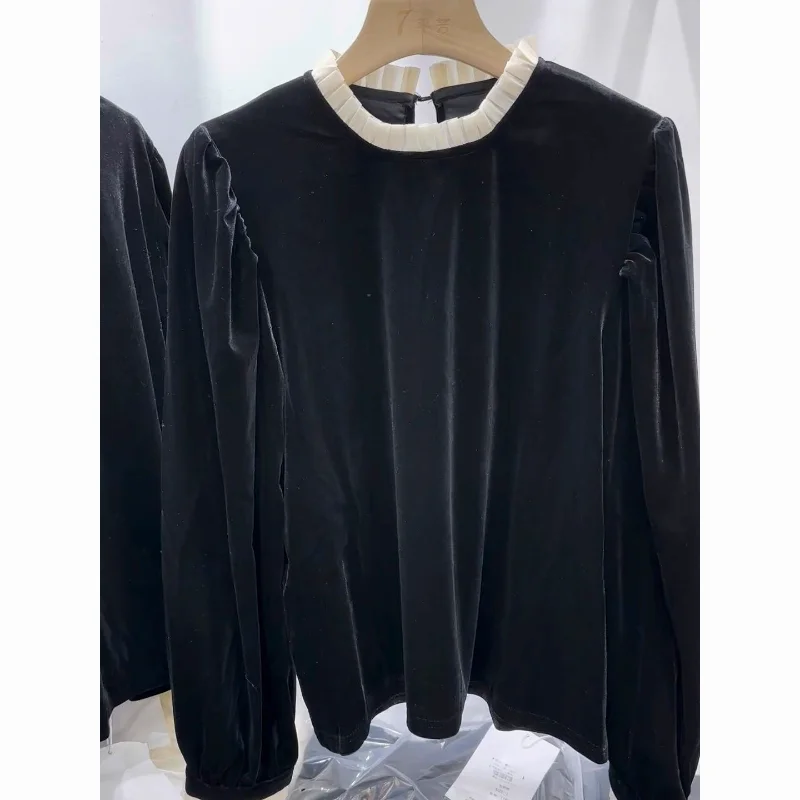 

Pleated Lace Collar Black Velvet Long-sleeved Shirt for Women in Winter Loose Versatile Slimming Temperamental Bottoming Top