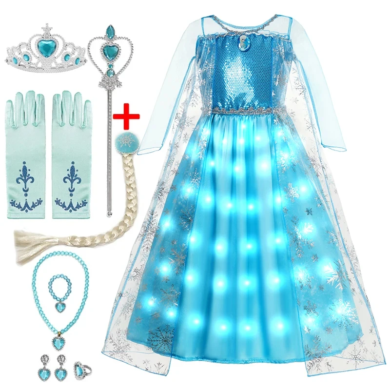 LED Light Frozen 2 Elsa Anna for Girls Kids Halloween Cosplay Costumes 2024 Party Prom Gown Robe Play Clothes Princess Dresses