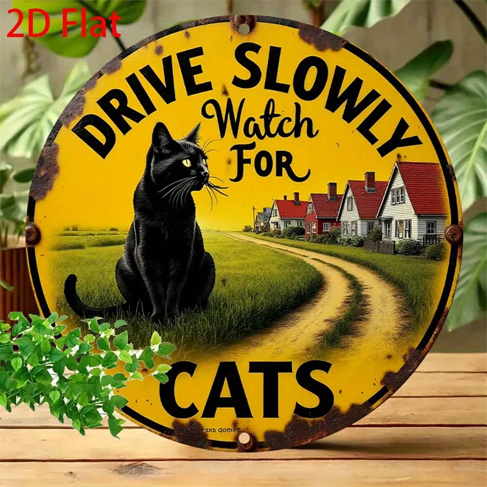 2D Flat, 1pc Vintage Cat Warning Sign - Drive Slowly Watch for Cats - Heavy-Duty Iron Metal Plaque - Retro Farmhouse Decor