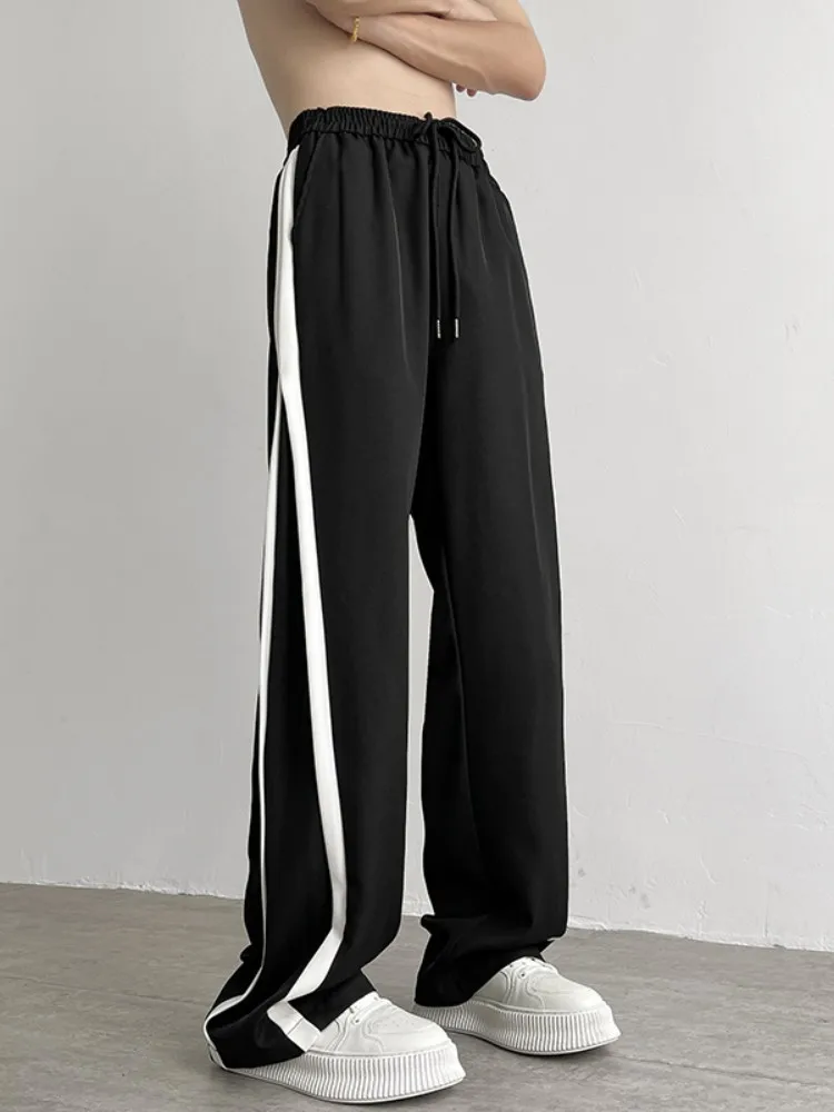 

Ice Silk Men's Summer Thin Qui Dry Sport Pants Striped Splicing Drapey Floor-Length Straight Casual Trousers