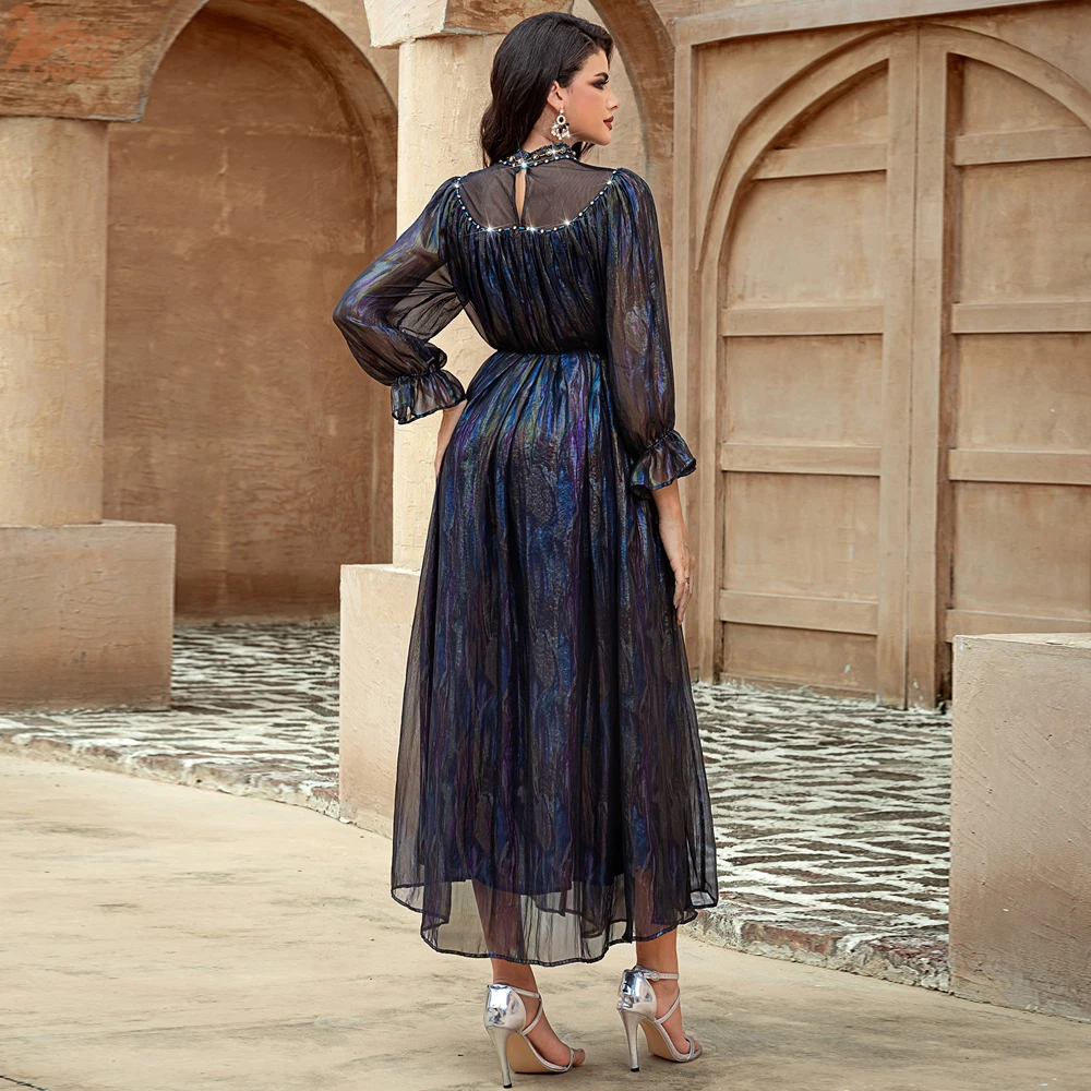Dubai Shiny Diamonds Abaya Women Muslim Dress Voile High Neck Turkey Long Sleeve Kaftan Caftan Femme Vestidos Robe Evening Gown