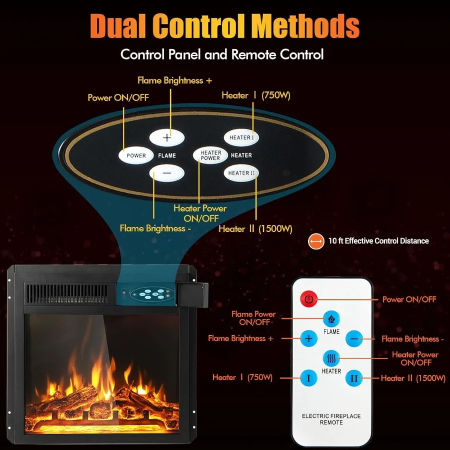 18 Inches Electric Fireplace Insert Recessed Fireplace Heater with 7-Level Adjustable Flame Brightness Remote Control Overheat