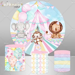 Circus Theme Birthday Round Backdrops Animals Play Show Pink Curtain Baby Child Background Photography Balloons Cylinder Covers