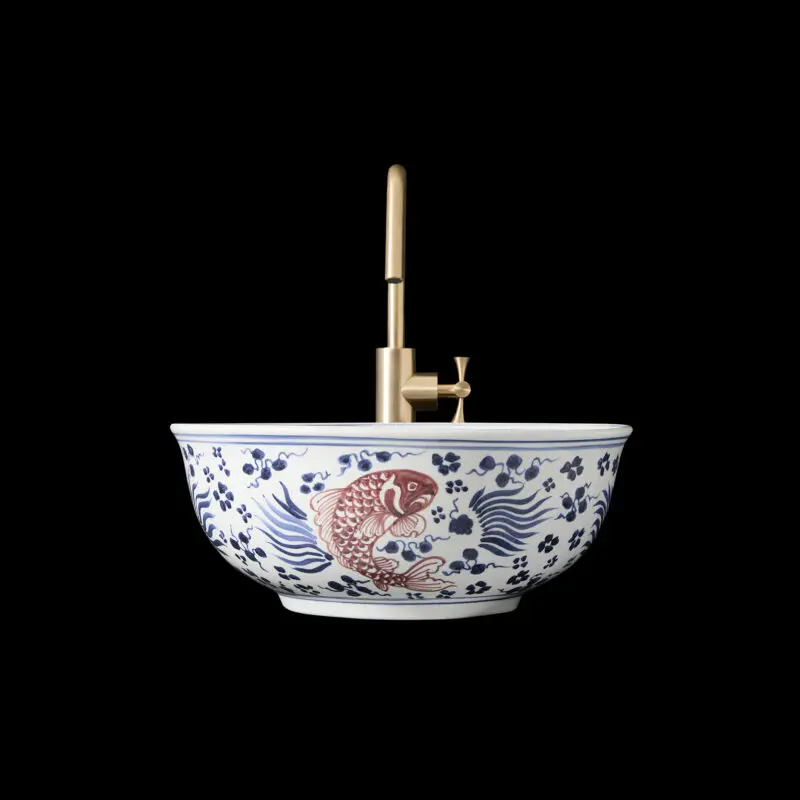 High Quality Blue And White Hand Painted Porcelain Ceramic Fish Pattern Wash Basin Round Bathroom Sink Jingdezhen Washbasin