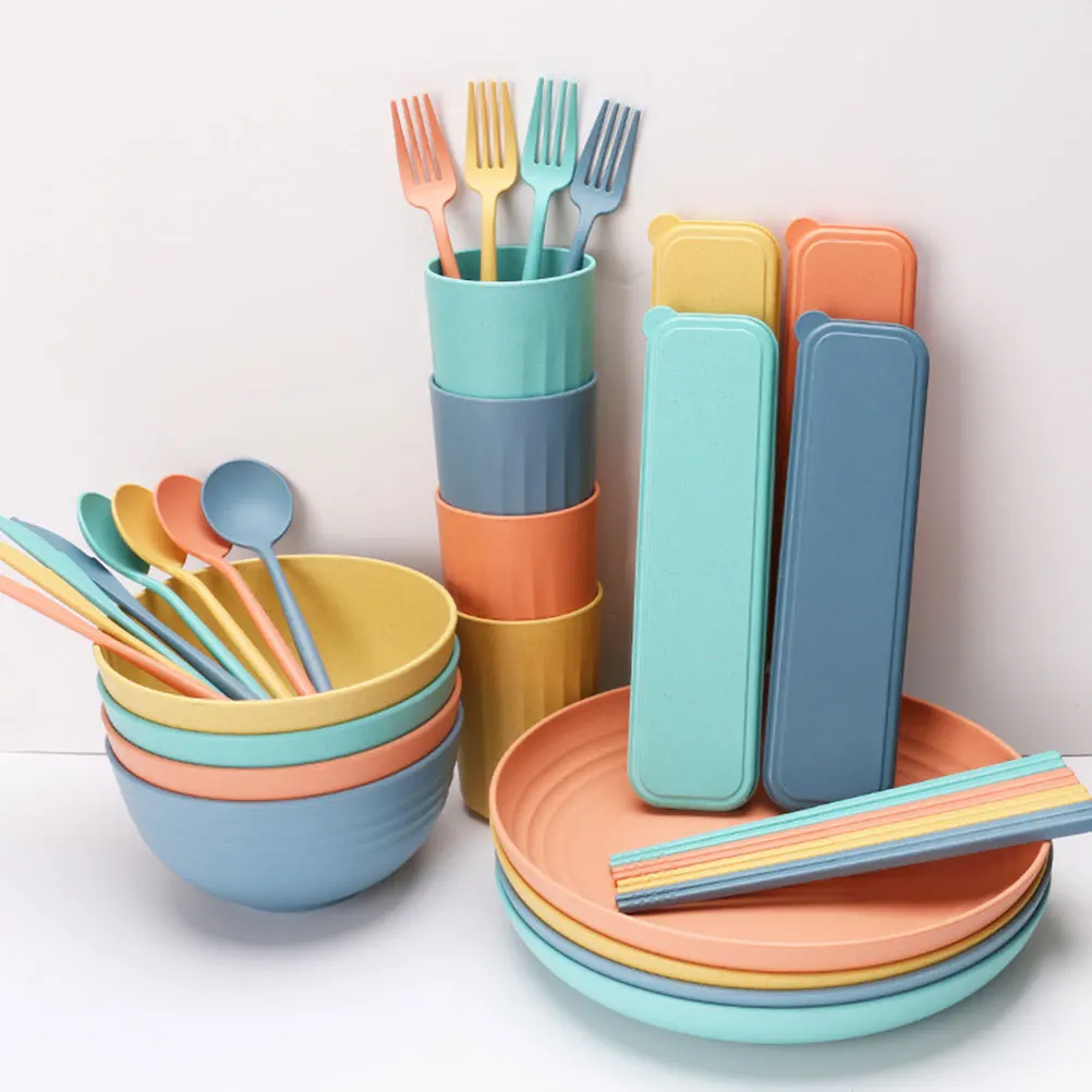 

32 Pieces Portable Tableware Set Bowls Plates Cups Forks Knives Spoons Chopsticks Microwave Safe Dining Kitchen