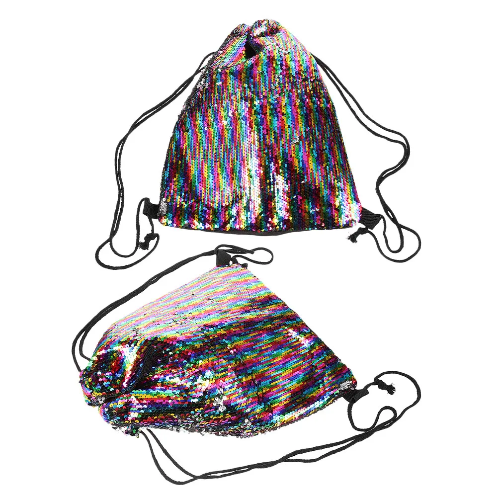 2Pcs Reversible Sequin Drawstring Backpack Mermaid Glitter Sport Bag for Gym Workout Dance Class Travel Beach Party Kids