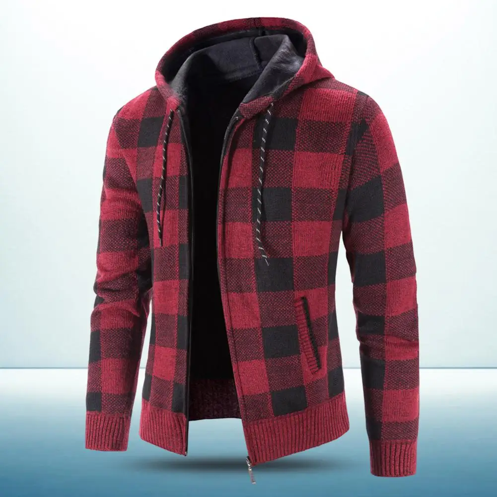 Men Coat Plaid Print Zipper Closure Men Hooded Jacket Long-sleeved Anti-pilling Autumn Cardigan Jacket Wear Resistant Men Coat