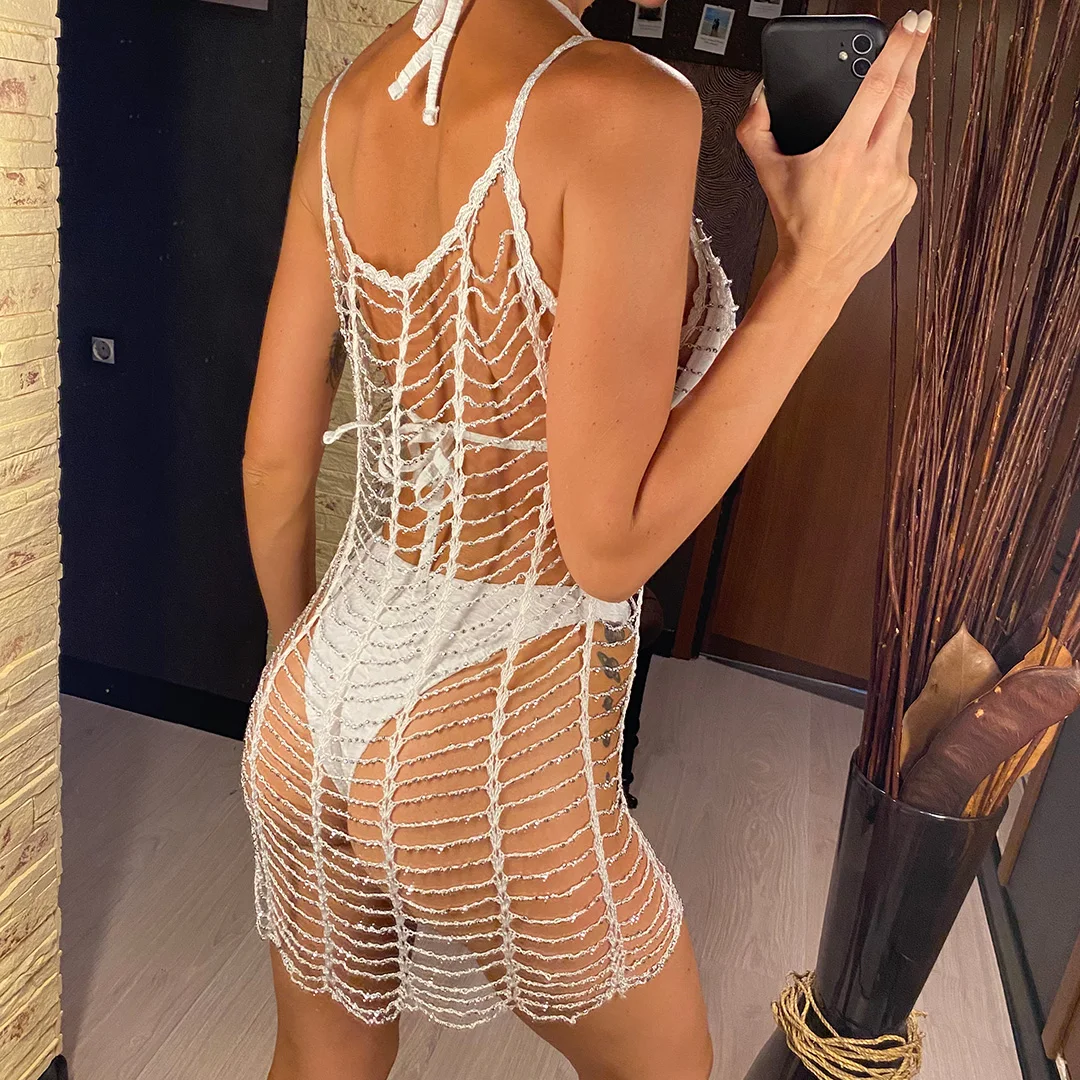 Luxuriöse, glitzernde Tunika mit Diamant-Strasssteinen und Cut-Outs, Strand-Cover-Up, Strandkleid, Strandmode, Damenmode V4747SW – Detail 6