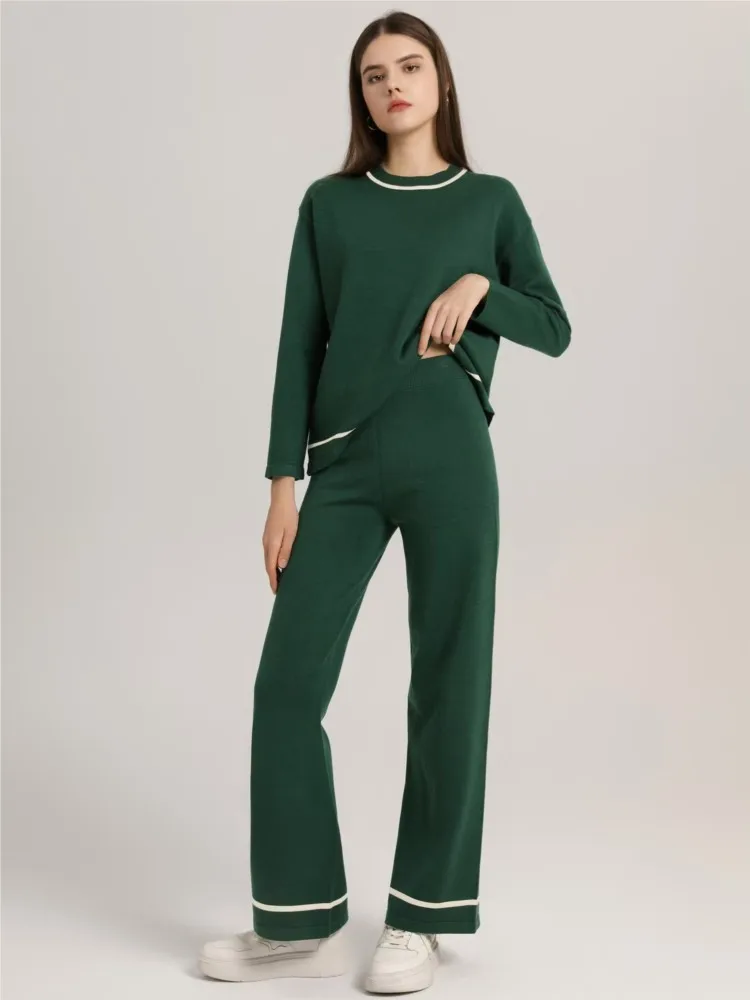 Knitting Casual Homewear Female Outfits Round Neck Sweater + Long Trouser Women Sets 2024 New Fall Winter Straight Pant Set