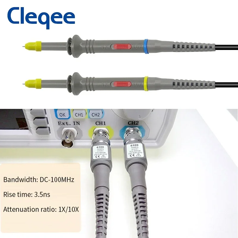 Cleqee P6100 Kit sonda oscilloscopio 100 MHz DC-100 MHz Sonda di prova con clip a coccodrillo BNC per Tektronix HP X1/X10