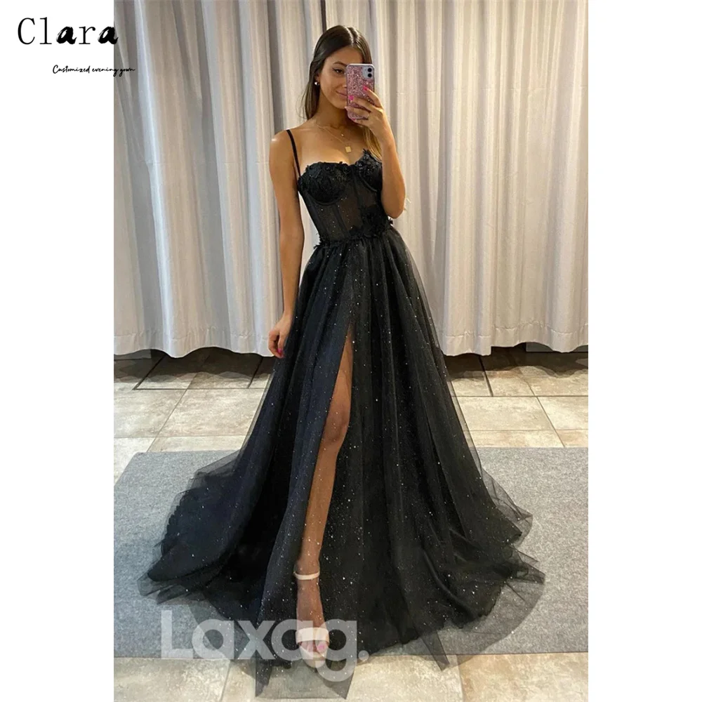 

Clara Custom Black Side Slits A-line Spaghetti Straps Women's Evening Dress Luxury 2025 Luxurious Evening Dresses for Events