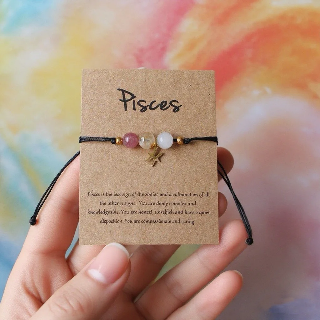 Handgefertigtes 12-Sternzeichen-Naturstein-Charm-Armband für Damen und Herren, geflochtenes Kartenpapier-Armband, Löwe, Jungfrau, Waage, Geschenk, verstellbar – Detail 1