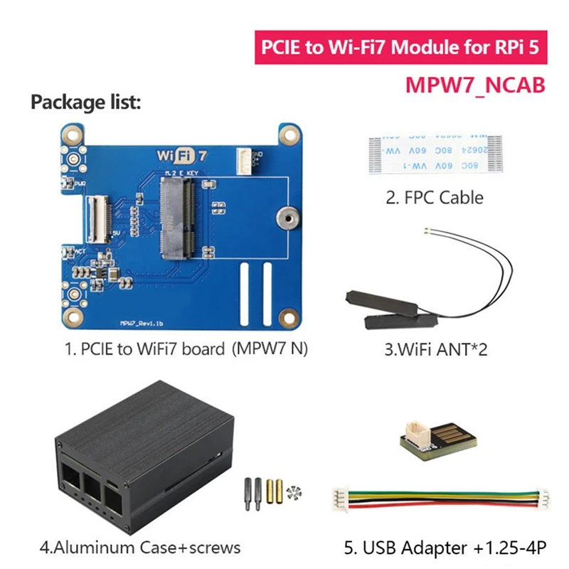 MPW7NCAB For Raspberry Pi 5 PCIE To M.2 E-Key Wifi7 Module+USB Adapter Kit BE200 Support Google TPU, Wif6e AX210, AX200