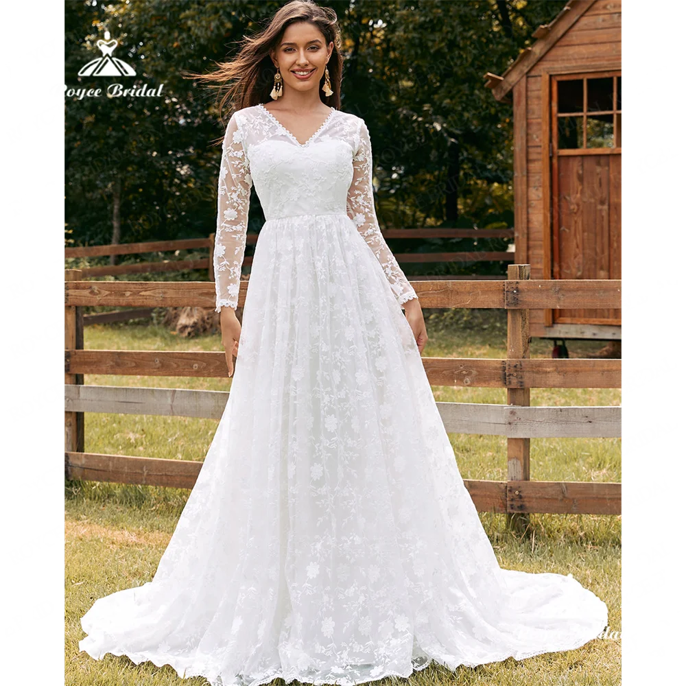 Roycebridal V Neck A Line Wedding Dress 2025 Lace Long Sleeves Court Train Wedding Gownvestido de novia manga larga elegantegeli