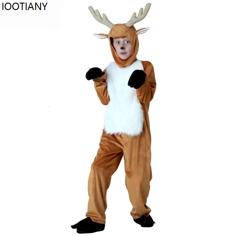 

Deer Reindeer Costume Parent-child Children Adult Halloween Purim Christmas Elk Role Play Masquerade Plush Horns Jumpsuit Suit