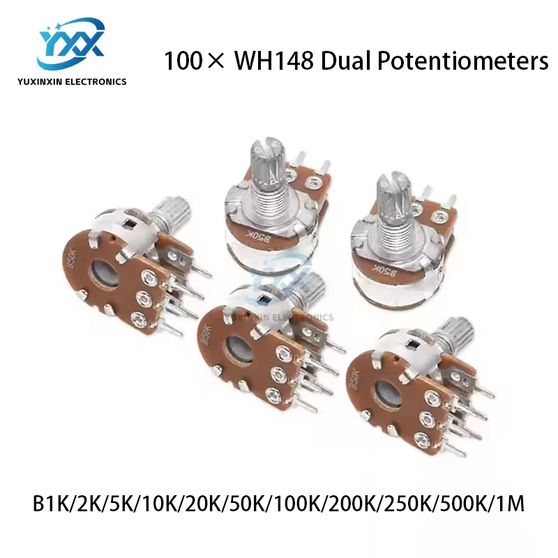 

100PCS WH148 B 1K/2K/5K/10K/20K/50K/100K/200K/250K/500K/1M Dual Potentiometer 6-Pin L15 Shaft Audio Amp Type
