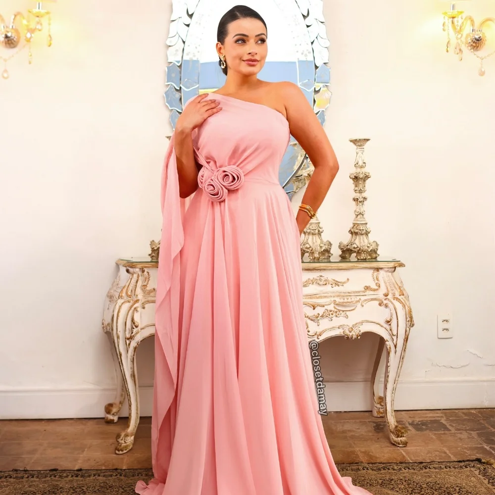 Customized Exquisite Sizes Available Pleat Draped Flower A-line One-shoulder Long Dresses Bespoke Occasion Dresses Fashion