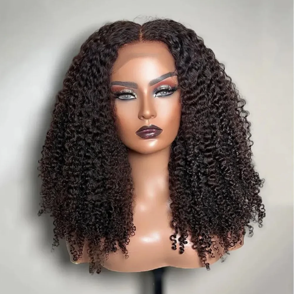 Preplucked natural preto macio 26 Polegada longo 180 densidade perucas dianteiras do laço para mulheres kinky encaracolado com cabelo do bebê sem cola boa textura