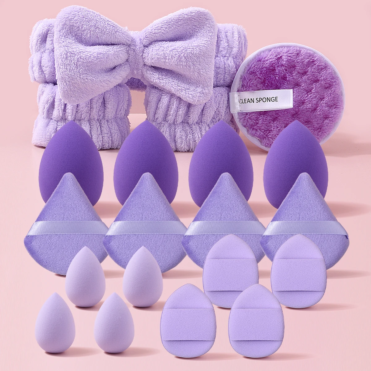 Ensemble d'éponges de maquillage : Éponge douce pour fond de teint, éponge triangulaire pour poudre avec bandeau, éponge nettoyante pour le visage, outil cosmétique