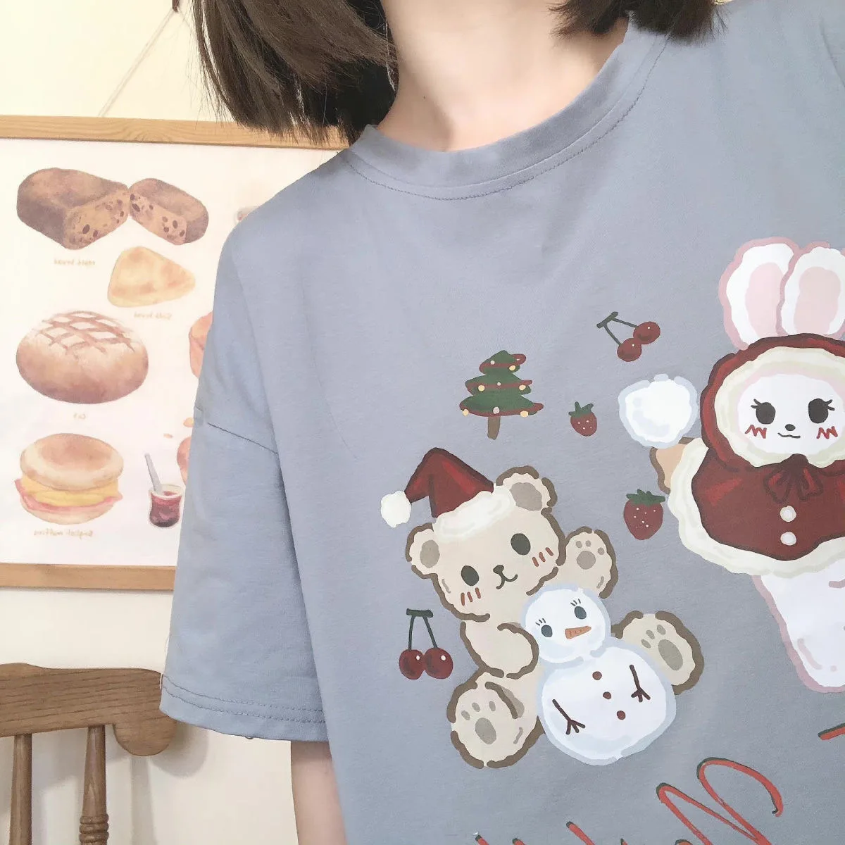 Japan Cartoon Print  Women Y2K Casual Tshirt Sweet Cute Bear Summer T shirt ForLoose Short Sleeve Tops JK Girls Oversized Tee