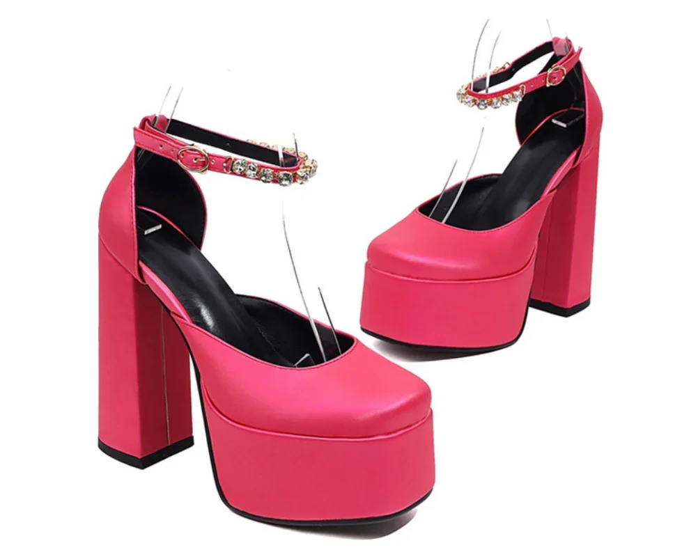 summer New styles fashion Round head high-heeled Women sandals rhinestone sexy party Square heel Women sandals high 14cm